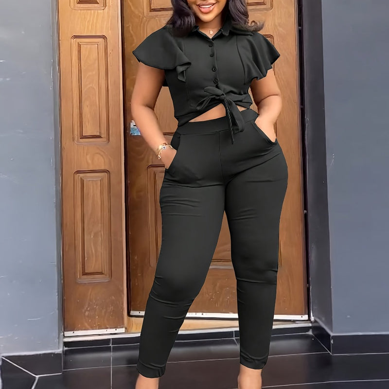 Women’s Single-Breasted Lapel Top, Tie-Up Two-Piece Set.