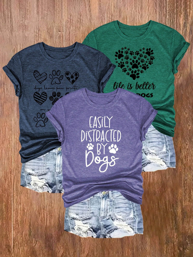 3pcs Women's Casual Dog Lover Graphic T-Shirts.