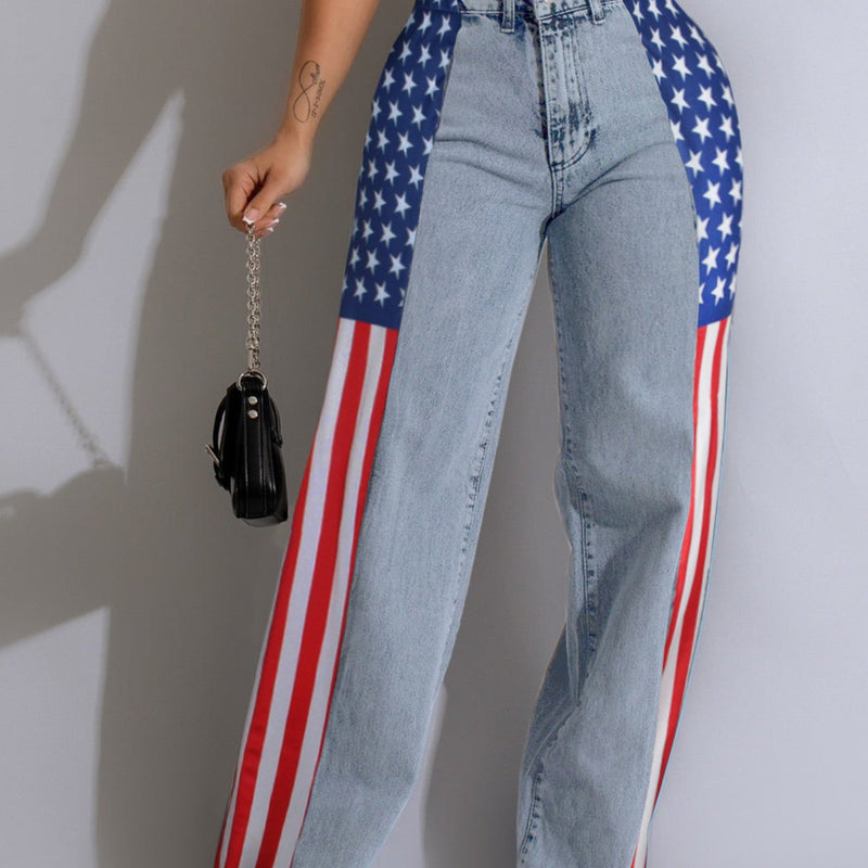 Women's High-Waisted Straight Wide Leg Jeans with American Flag Design.