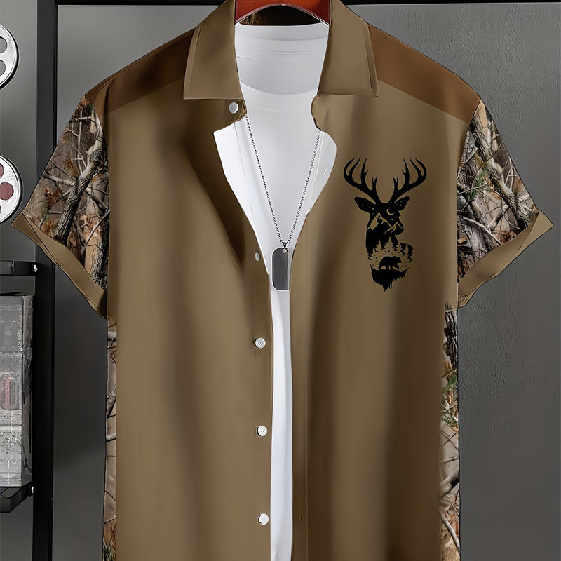 Men’s Brown Camouflage Short-Sleeve Shirt with Deer Head Embroidery.