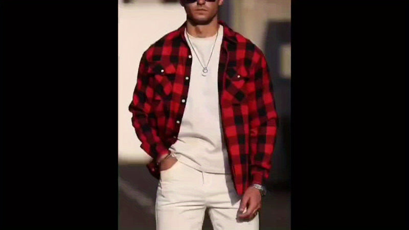 3pcs Men's Plaid Shirt Top with Turn- Collar Long Sleeve Button-Up.