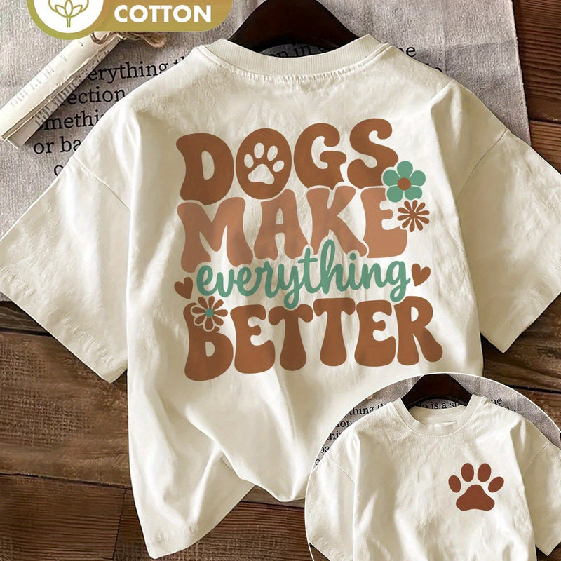 Women's Top Retro Style Paw Print Flower Dogs Make Loose Daily.