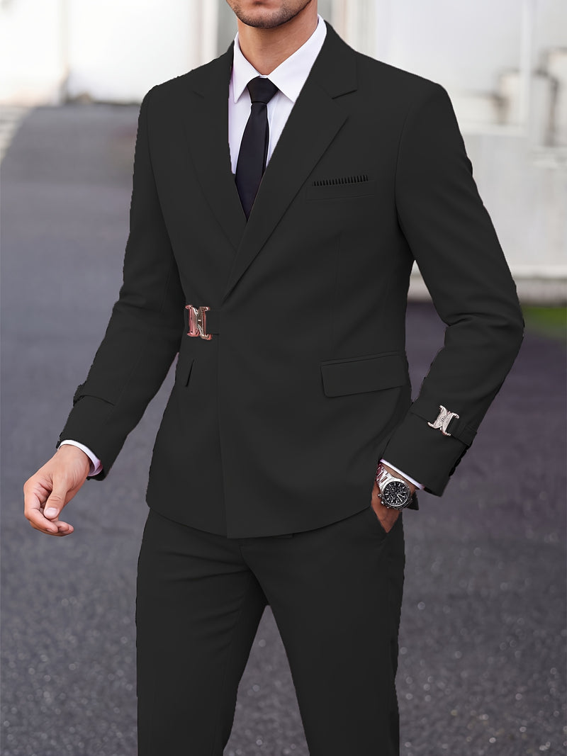 Men's 2pcs Suit Slim Fit Solid Jacket and Pants Set.