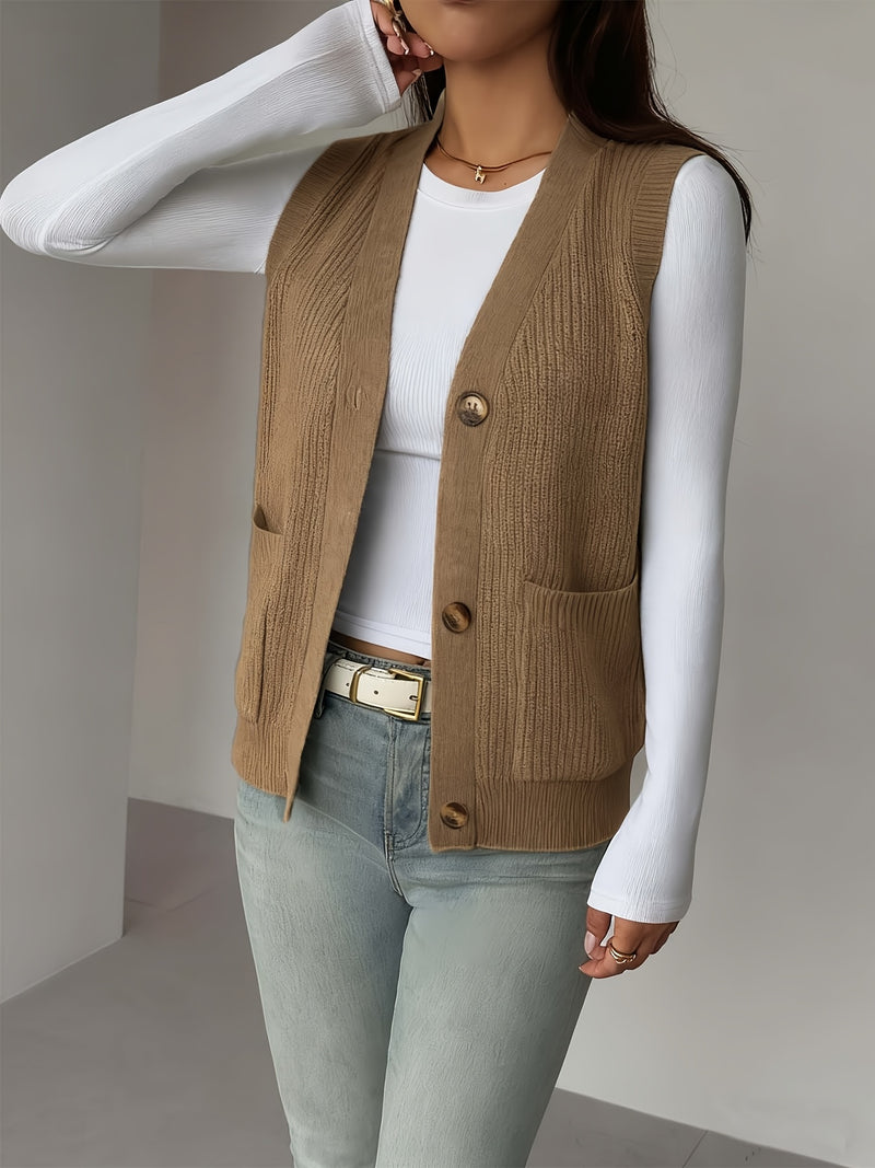 New Solid Color V-Neck Pocket Women's Sweater Vest.