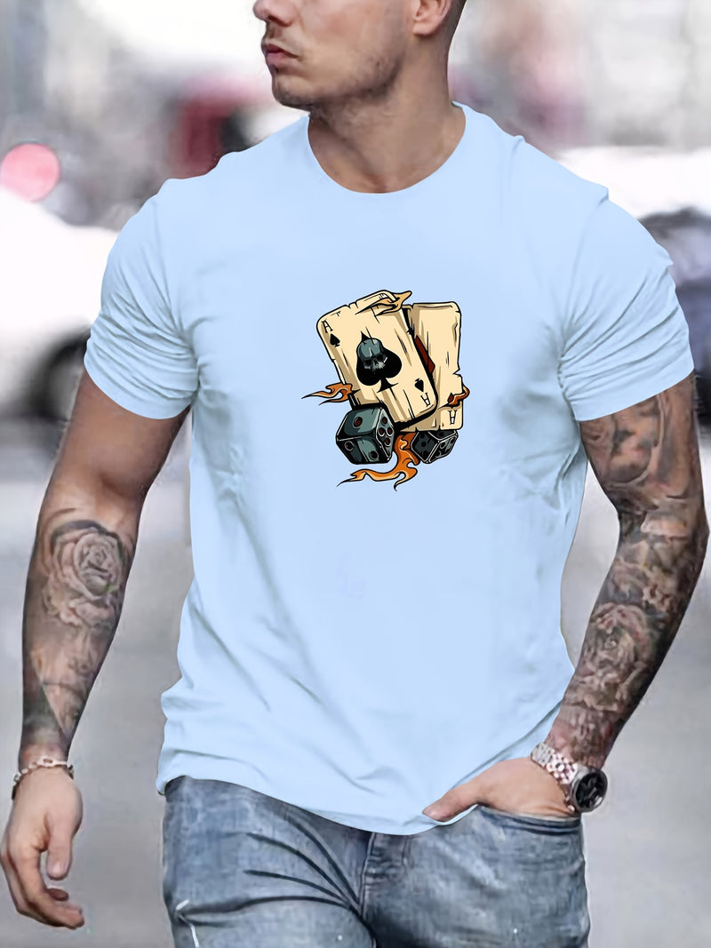 Men's Poker Card Pattern Summer Casual Crew Neck Short T-Shirt.