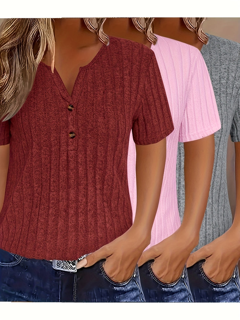 3pcs Women's Elegant V-Neck Short Sleeve Blouses.