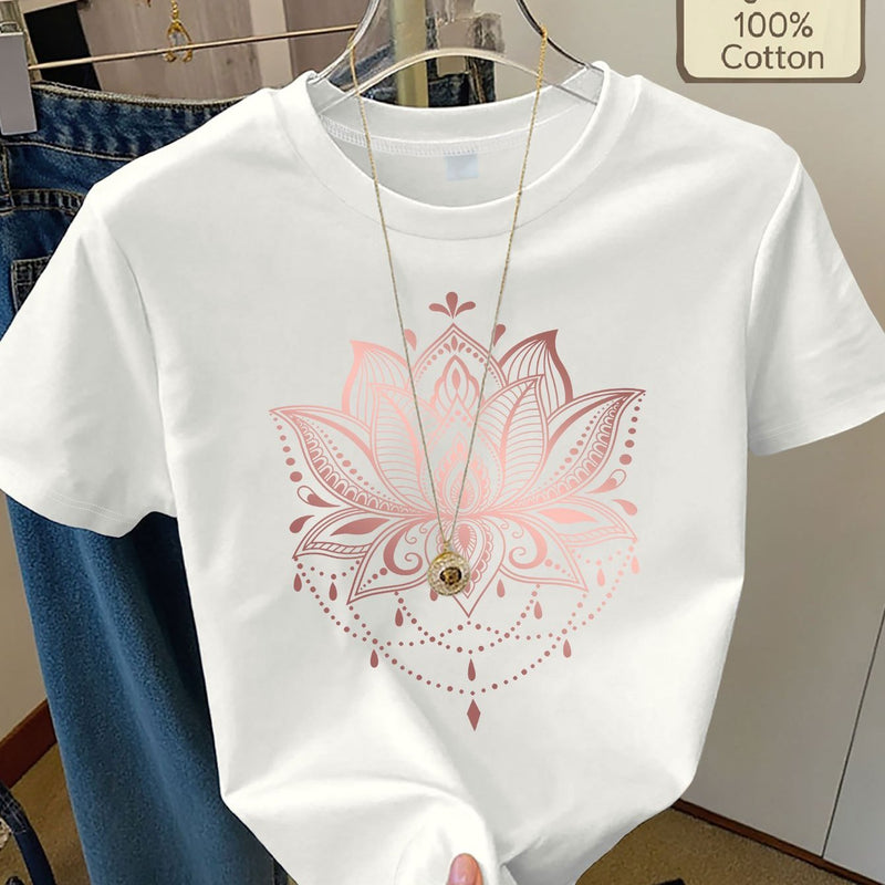 Women's Casual Home Printed Round Neck Pure Short Sleeve.