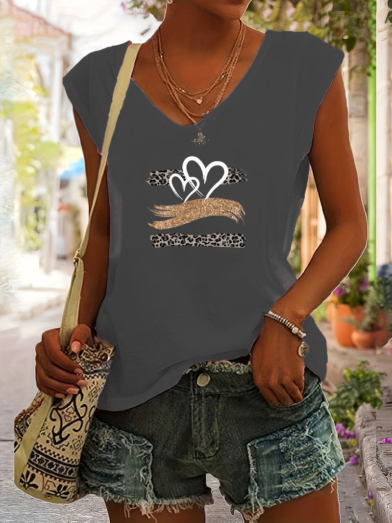 3pcs Set of Casual Floral, Heart, And Leopard Print Round Neck Fitted T-Shirts for Women.