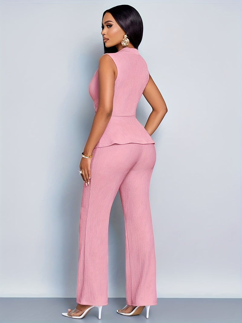 Women's Elegant V-Neck Sleeveless T-Shirt and Wide-Leg Pants 2pcs Set.