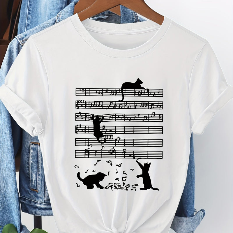 Women's Casual Short Sleeve T-Shirt with Music Note & Cat Print.