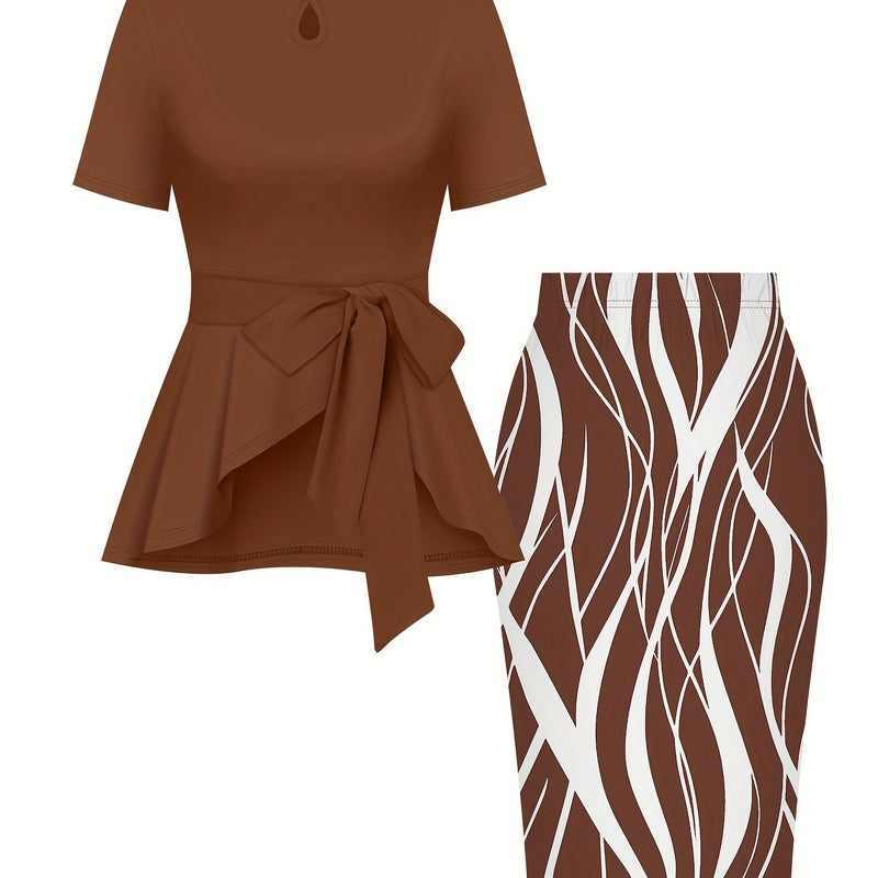 Women's elegant suit solid color round neck short sleeve tie bow top.