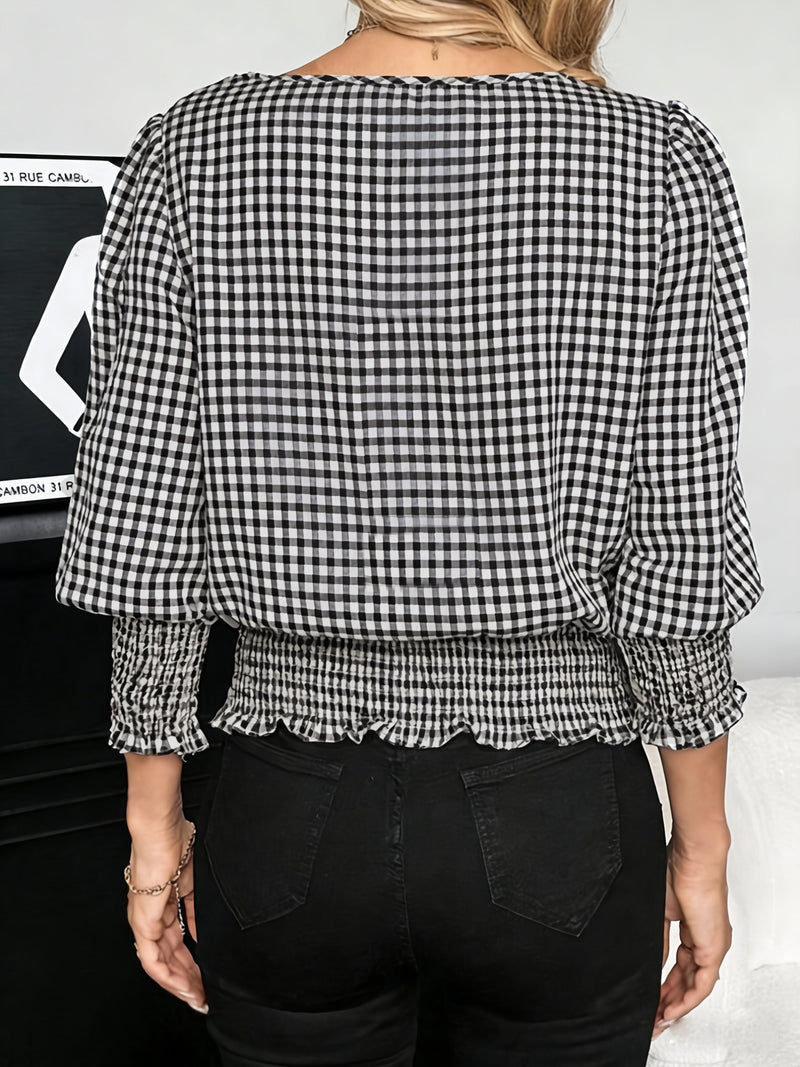 Ladies Elegant Casual Double-layer Plaid Detail Top.