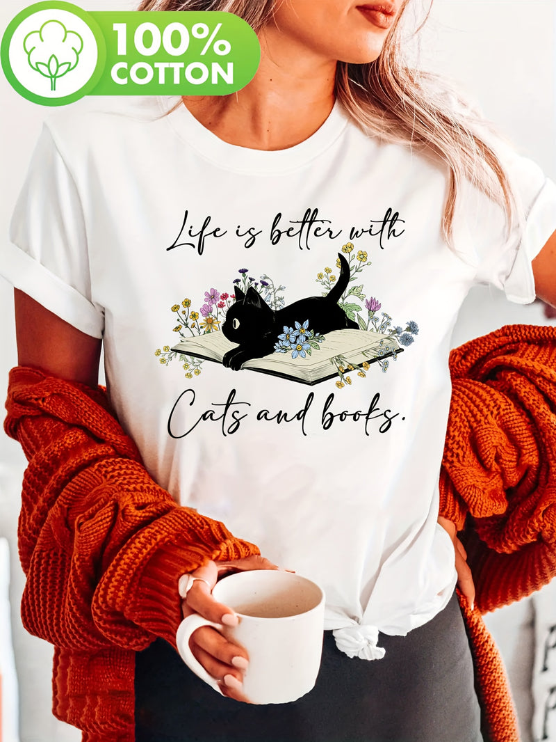 Women’s Cat Book Print T-shirt.