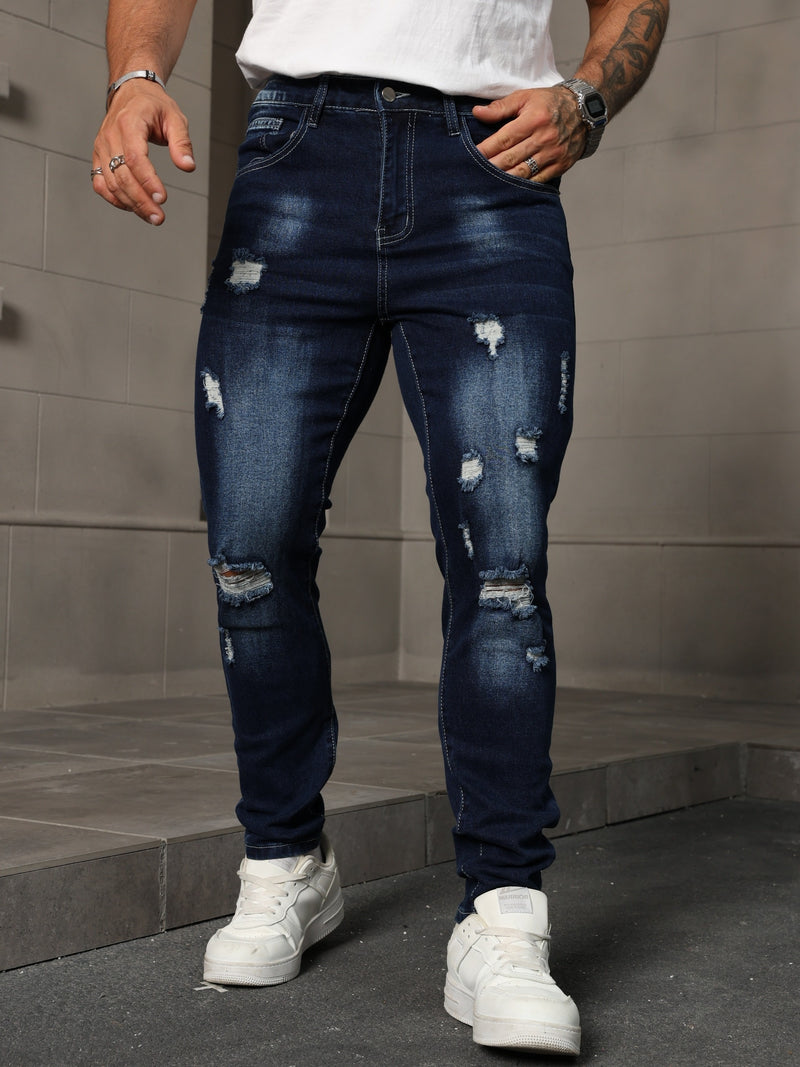 Men's Skinny Ripped Jeans Medium Stretch, Solid Color, All-Season Fit.