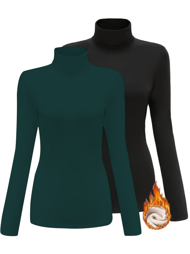 Women's High Collar T-Shirt Autumn And Winter Fleece Lining Warm Long-Sleeved.