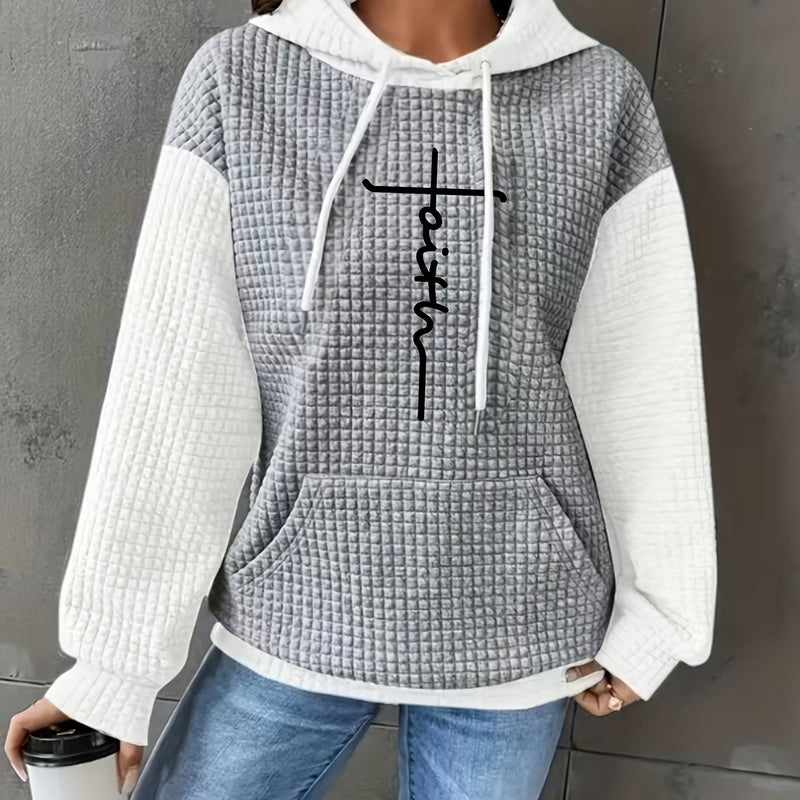 Women's Casual Oversized Hoodie with Checkered Texture & Letter Print.
