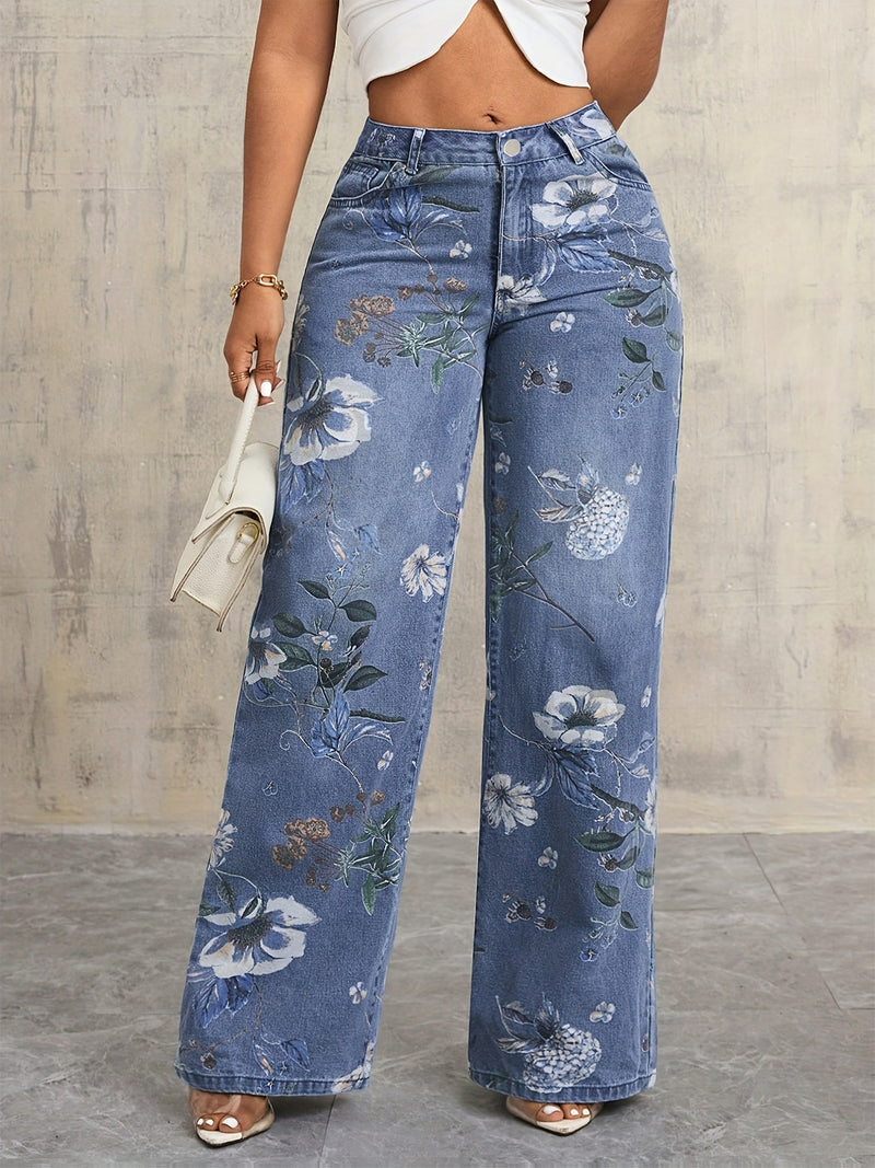 Vintage Floral Print Wide-leg Jeans for Women.