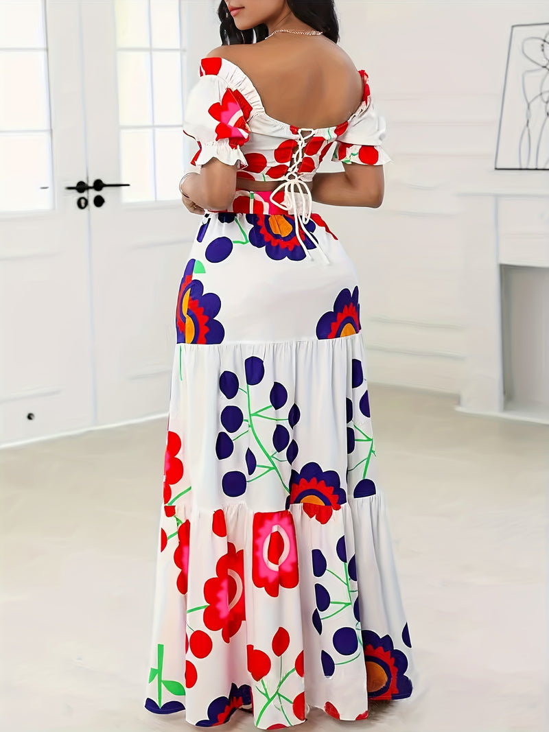 Women’s European And American Style Floral Print Skirt Set.