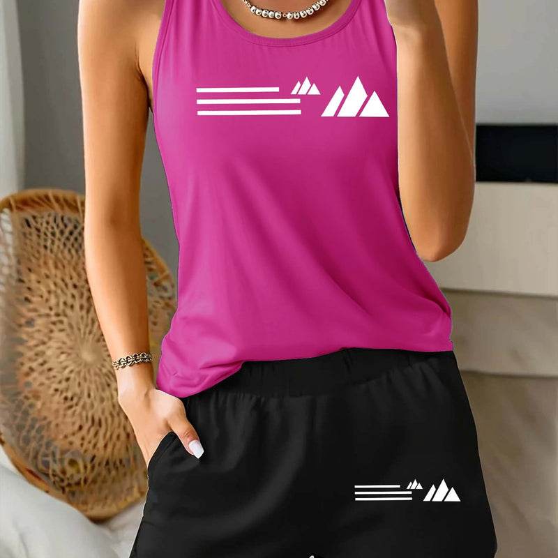 Women's Sportswear Summer Casual Fashion Vest + Shorts Fitness 2pcs Set.