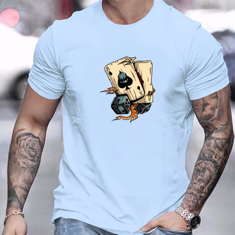 Men's Poker Card Pattern Summer Casual Crew Neck Short T-Shirt.