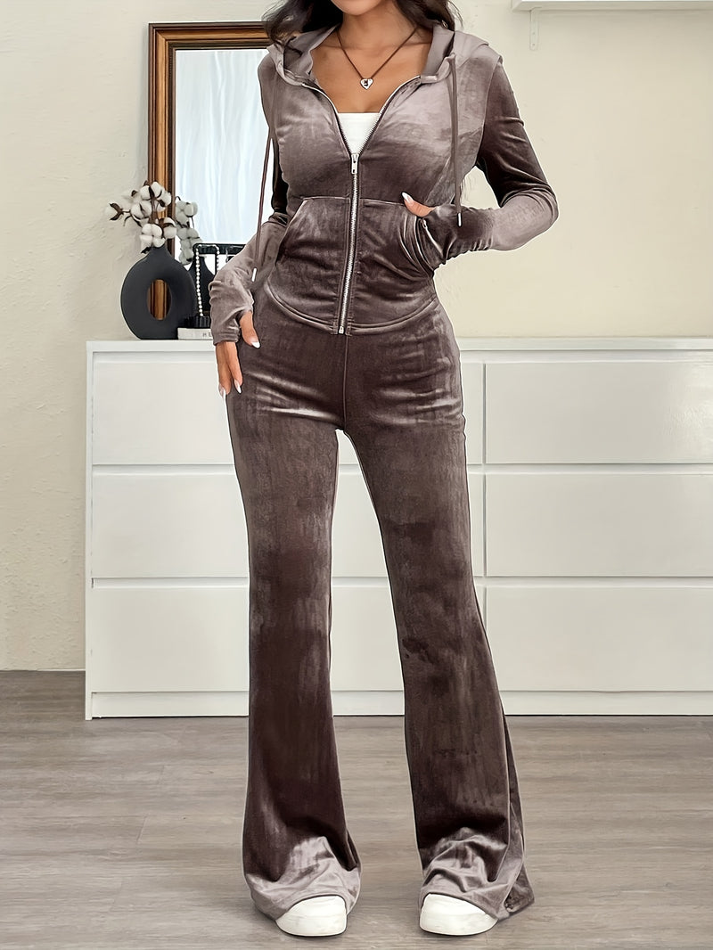 Women's Hooded Zip-Up Top and Slim Fit Pants Solid Color 2pcs Set.