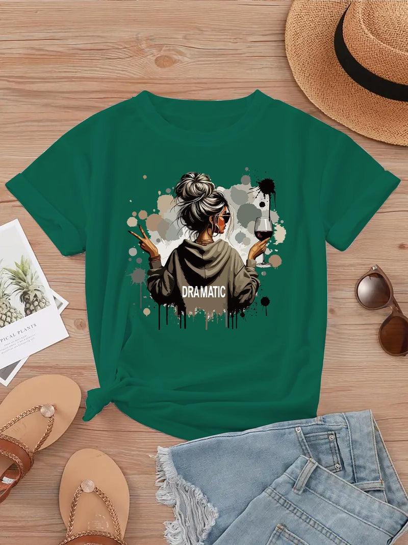 A Women's Stylish Printed Short-Sleeve T-Shirt with a Round Neck.