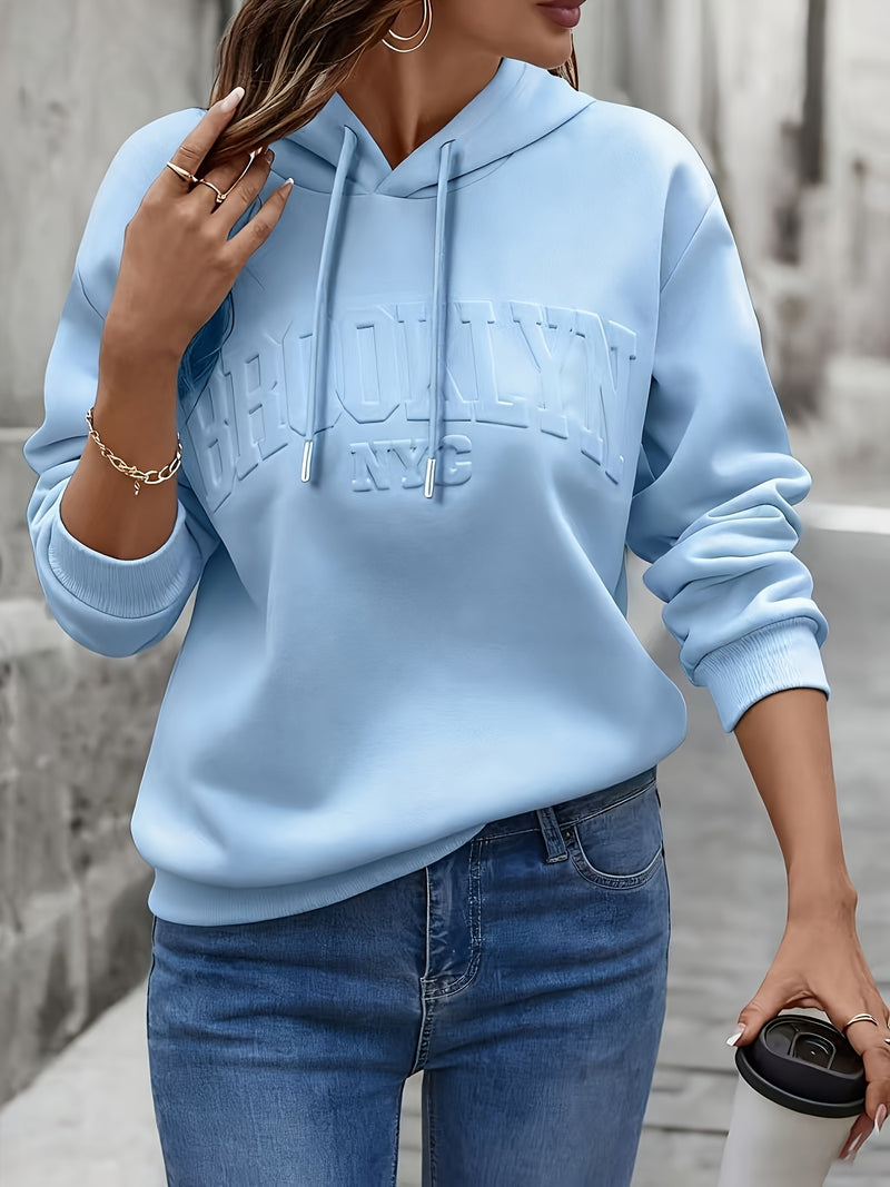 Women's Letter Embossed Print Flat Pullover Hoodie.