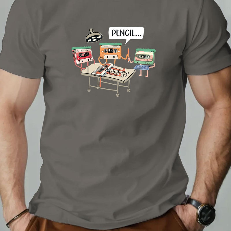 Men's Summer Casual Crew Neck Short Sleeve T-Shirt with Tape Pattern.