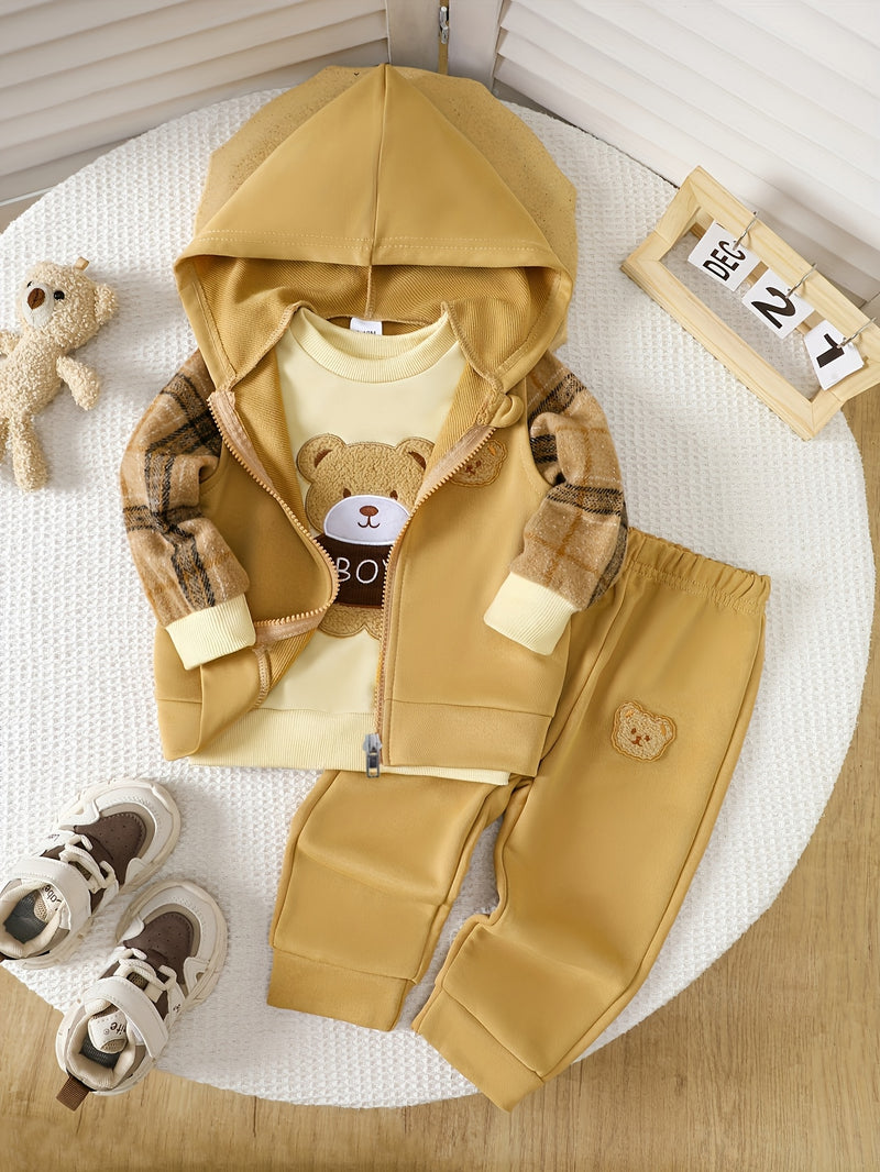 Baby Boy's 3pcs Set: Embroidered Bear Hooded Vest with Embroidered Bear Plaid Patchwork Top.