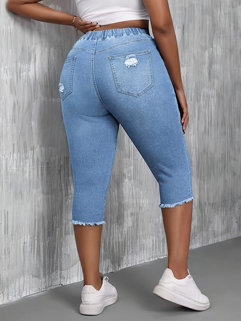 Women's Stretchy Elastic Waist Ripped Denim Shorts.