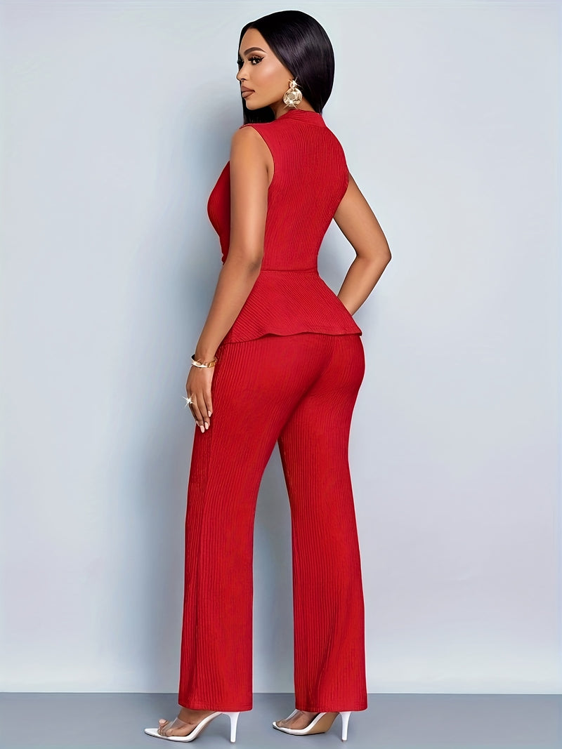 Women's Elegant V-Neck Sleeveless T-Shirt and Wide-Leg Pants 2pcs Set.