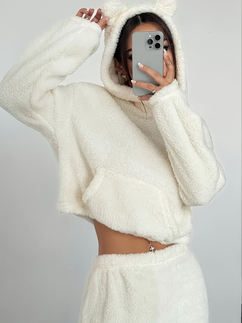 Women's Khaki Fluffy Casual Loose Double-Sided Fleece Set.