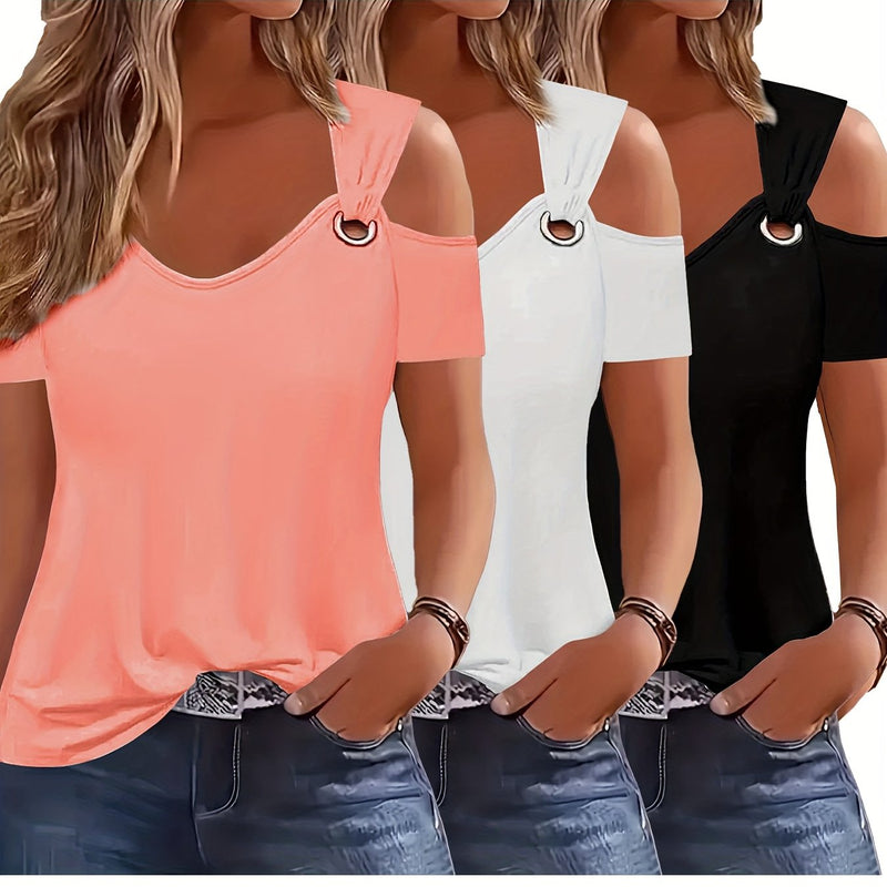 Three-Piece Summer Off-Shoulder Short-Sleeve T-Shirt for Women.