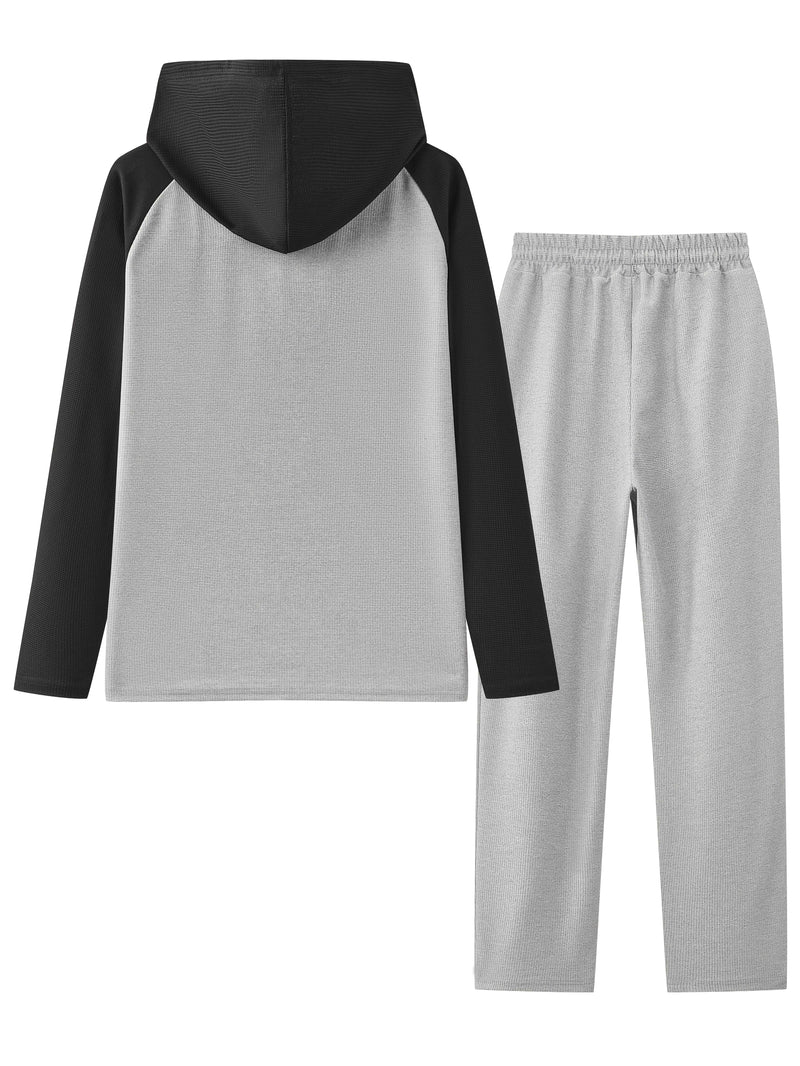 Men's Waffle 2pcs Hooded Sweatshirt Set Top Color Block.