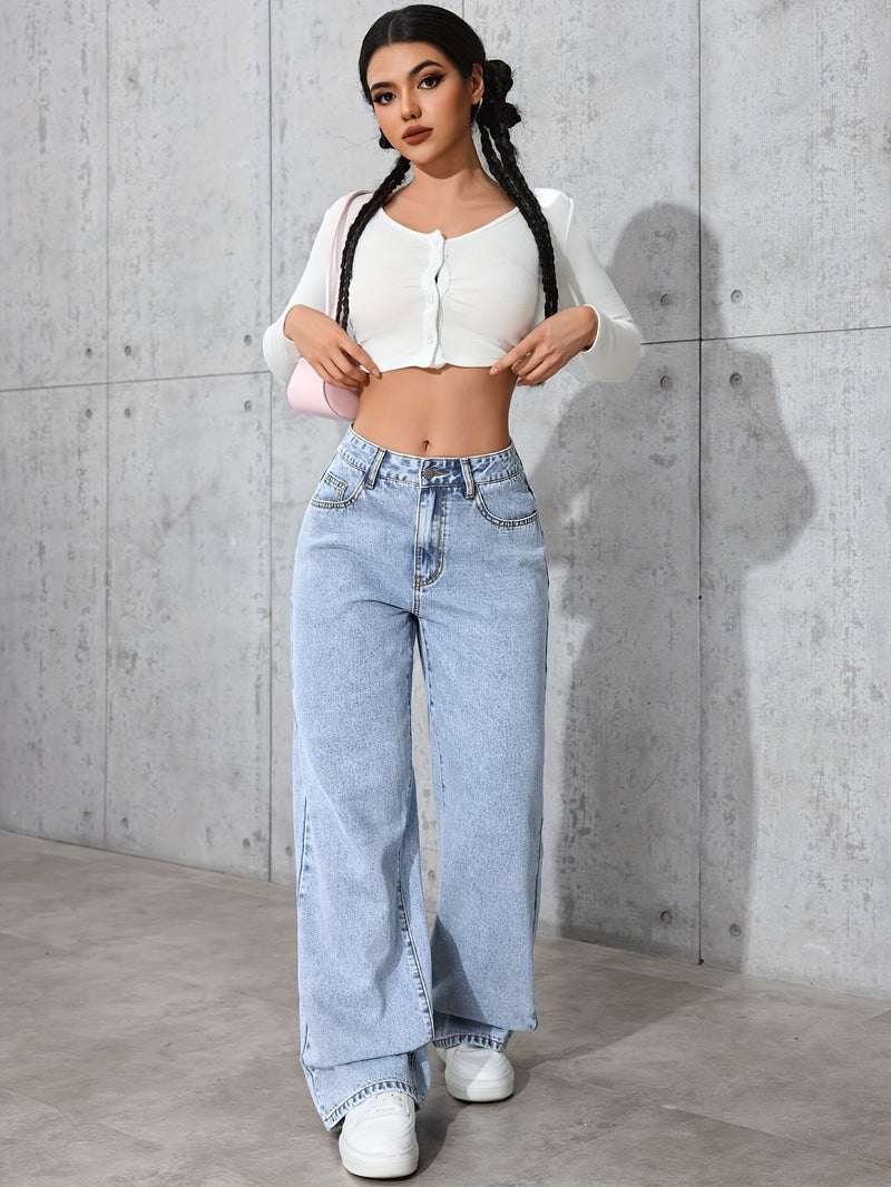 Women's High-Waisted Simple Versatile Distressed Wide Leg Jeans.