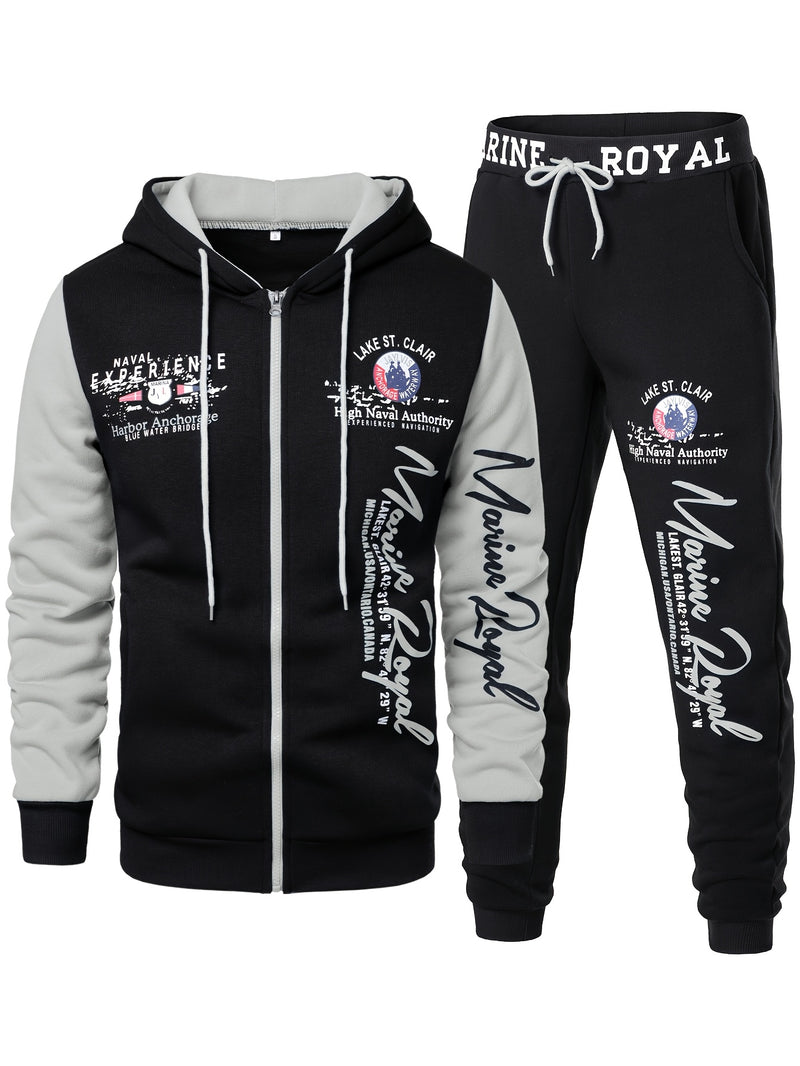 Men's Hiphop Outfit, Letter Print Long Sleeve Full-Zip Casual Jacket And Loose Jogger Pants.