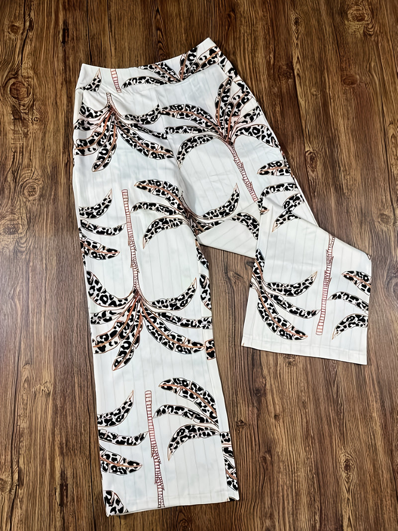 Women’s 2pcs Set, Brown V-Neck Vest Top Without Padding + Printed Pants.