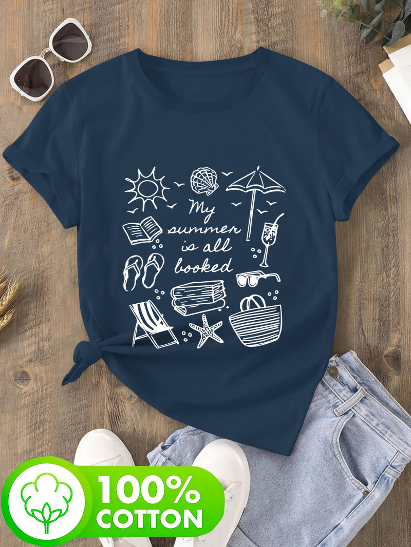 Women's Casual T-Shirt - Beach & Book Lovers Graphic Print.