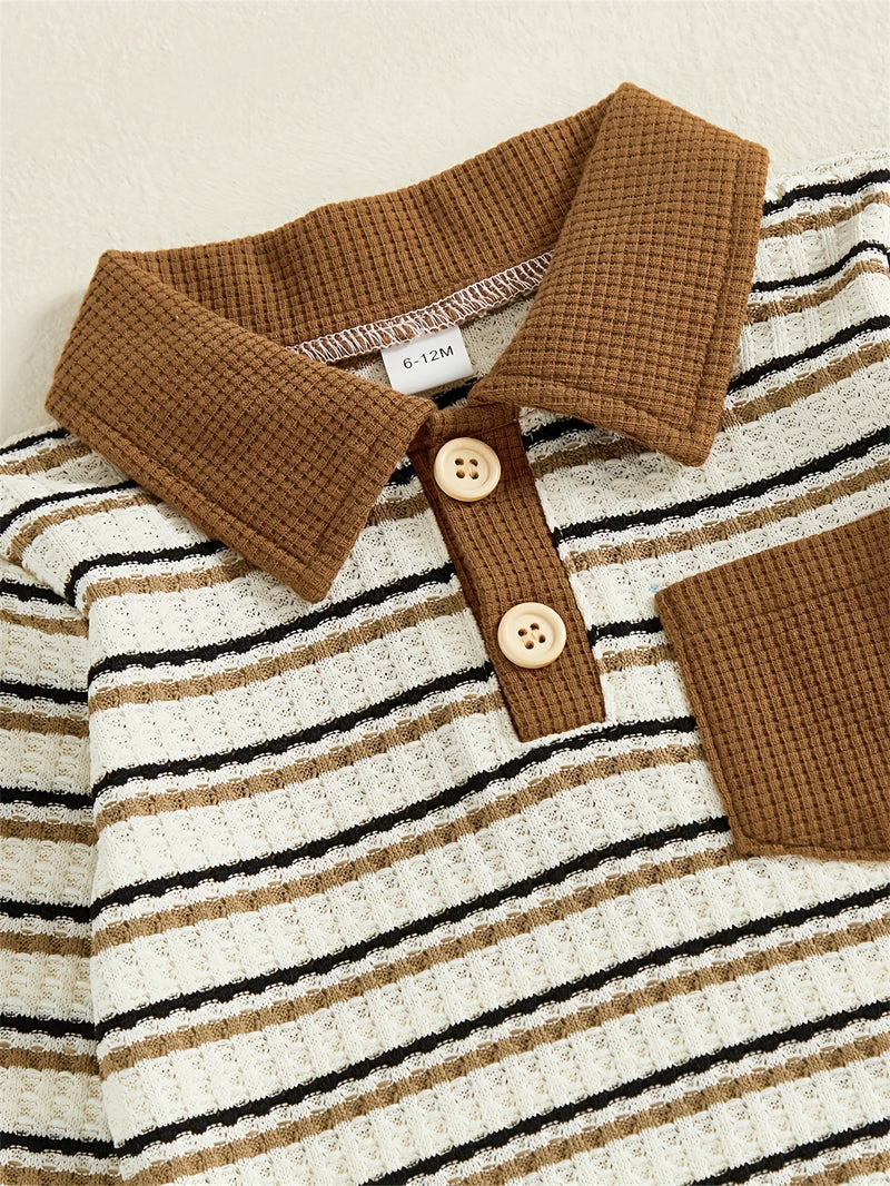 Toddler Boys Waffle Stripe Lapel Collar Sports Set.