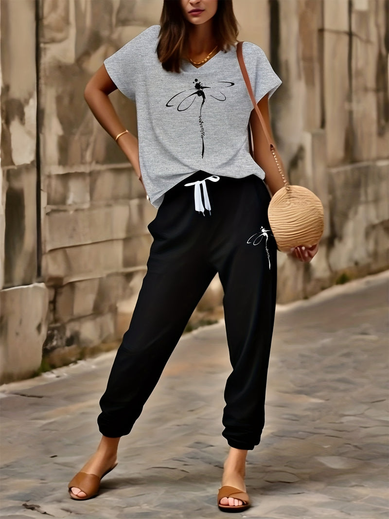 Women's 2pcs Outfit - Batwing V-Neck Top with Dragonfly & Letter Print.