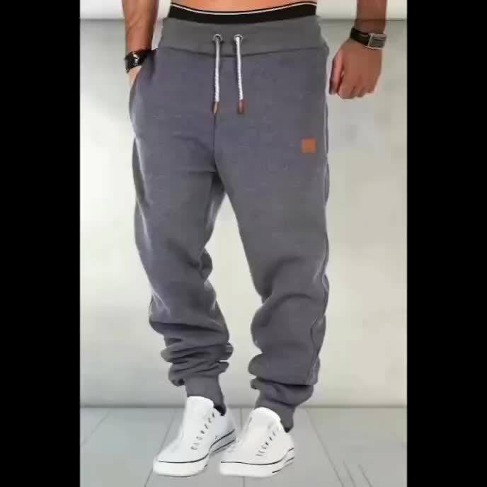 Men's Solid Color Loose Sports Pants, Micro Elastic Warm Thick Casual Pants.