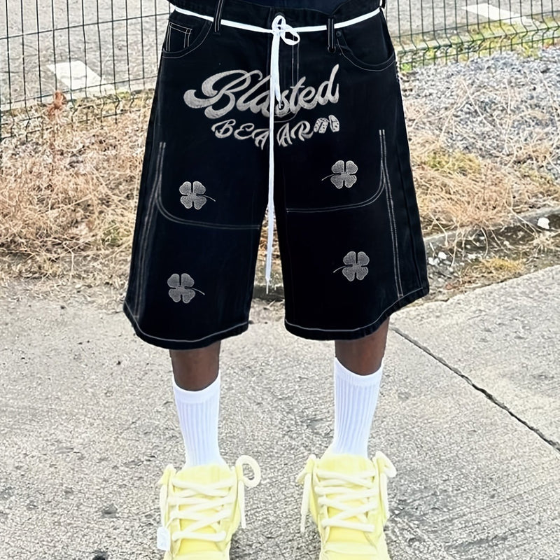 Embroidered Casual Mid-length Pants, Letter Embroidered Denim Shorts.