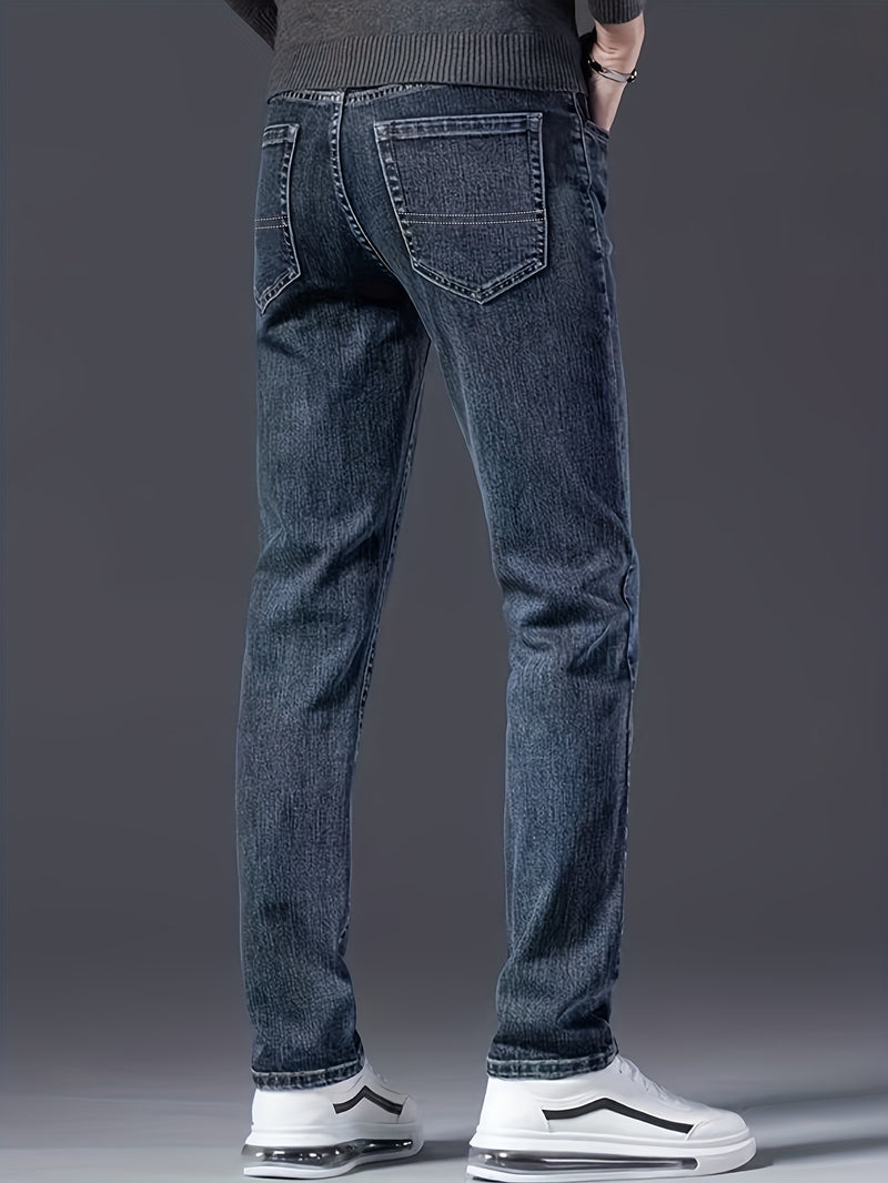 Men's Slim-Fit Stretch Denim Jeans in Dark Blue, Suitable for All Seasons.