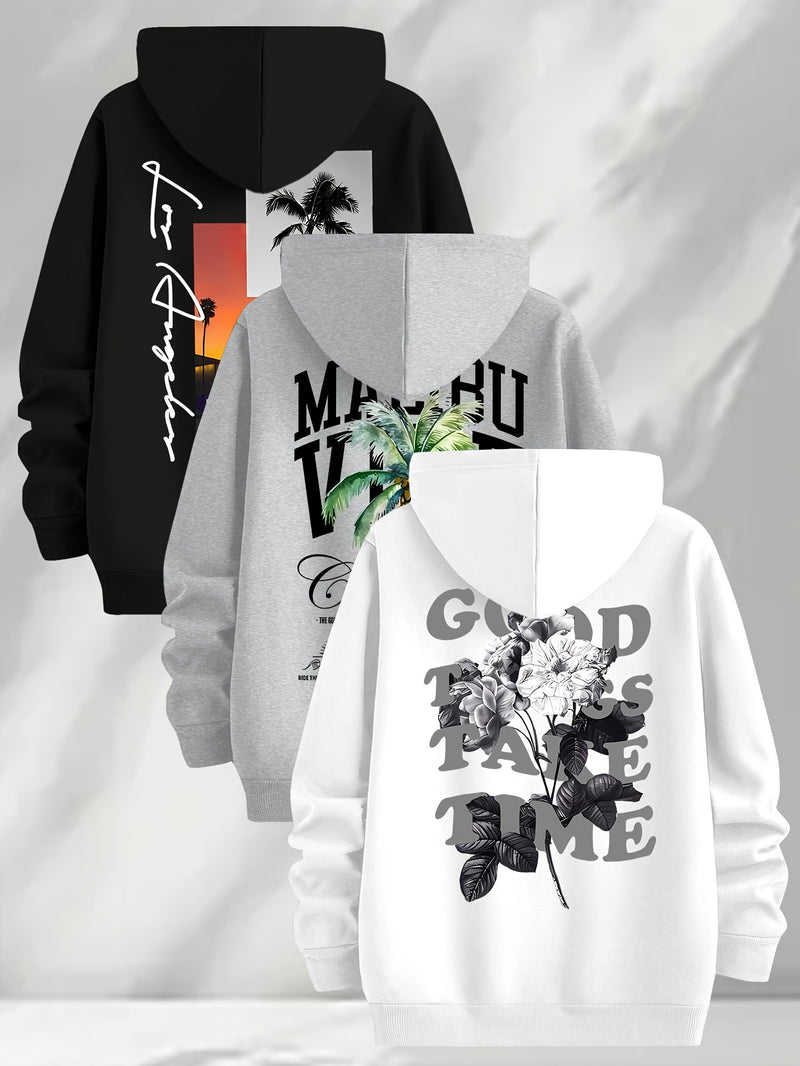 3pcs Trendy Print Sweatshirt, Men's Casual Hooded Sweatshirt.