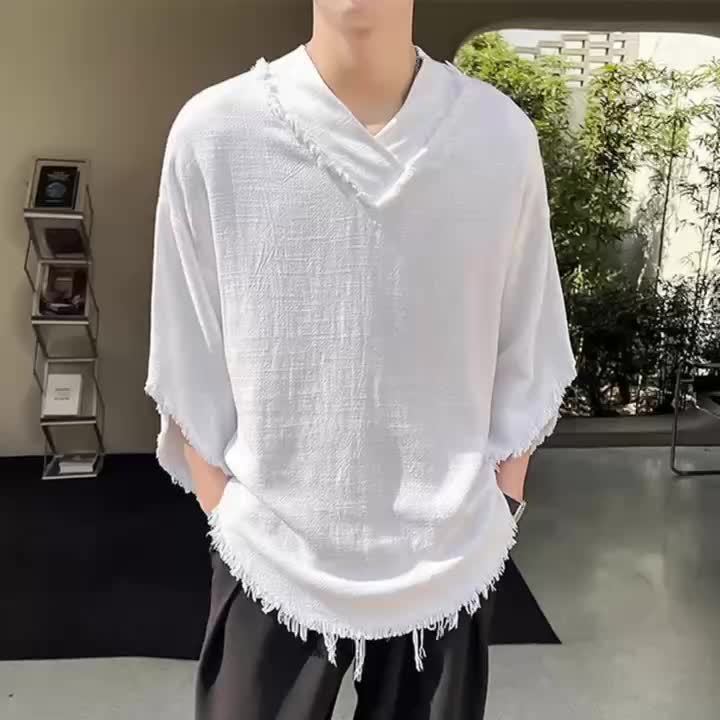 Men's Casual V-Neck Sleeve Semi-Transparent Loose-Fit T-Shirt.