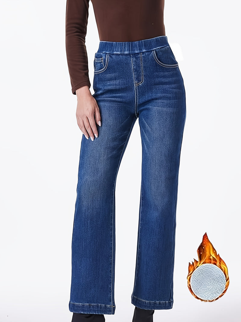 Autumn/Winter New Elastic Waistband Plush-Lined Straight-Leg Jeans for Women.