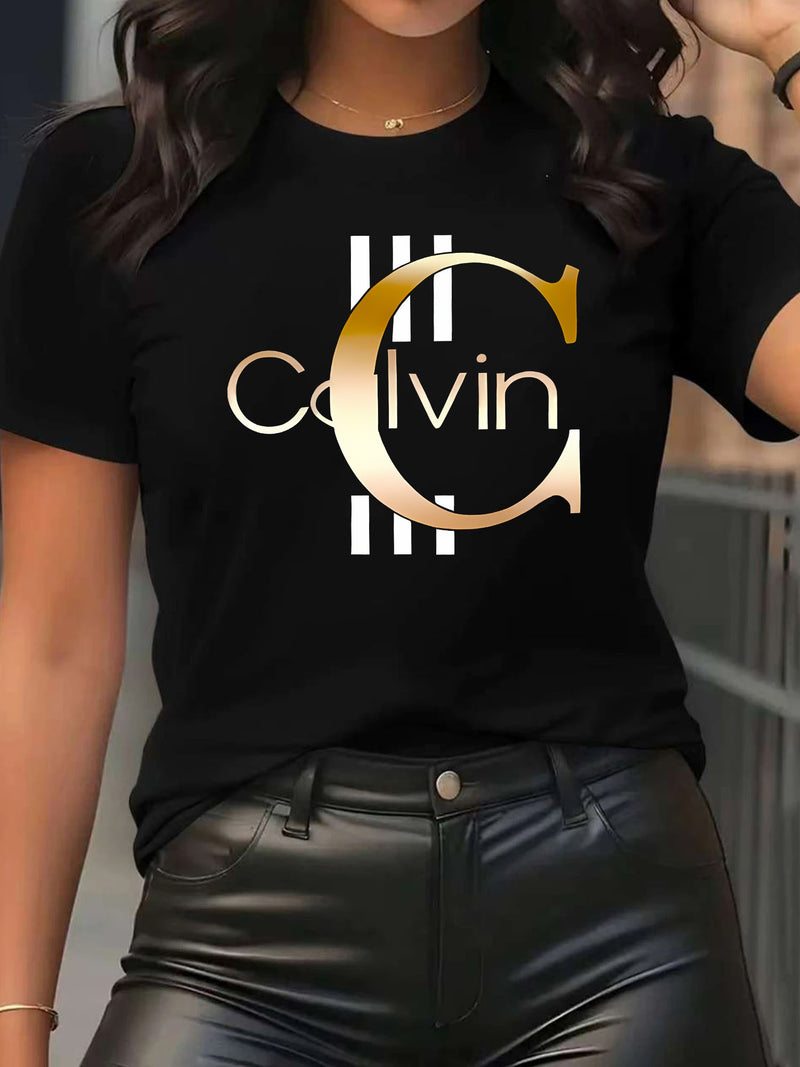 Women's Short-Sleeve Round-Neck T-Shirt with A-Z Letter Print.