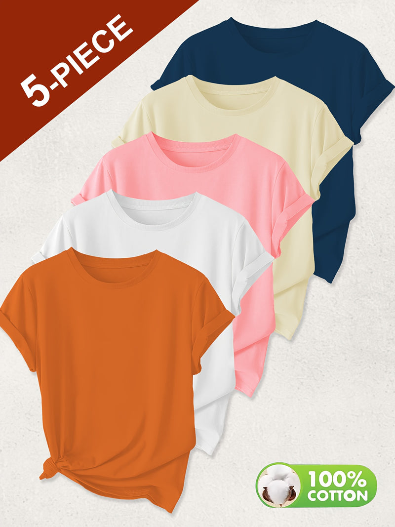 5pcs Women’s Solid Color Pure T-Shirts.