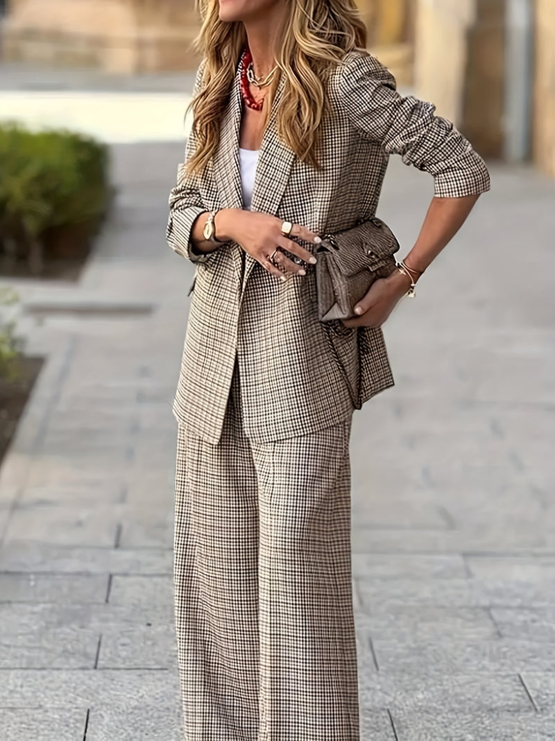 Women's Product: Lined Plaid Suit Jacket Top + Plaid Wide-Leg Pants Suit.