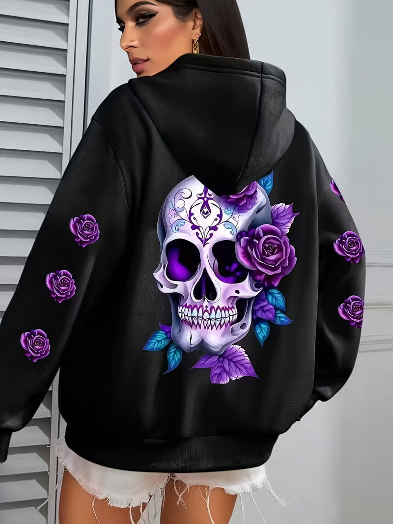Women's Casual Zip-Up Hoodie with Flower Cartoon Skull Print.